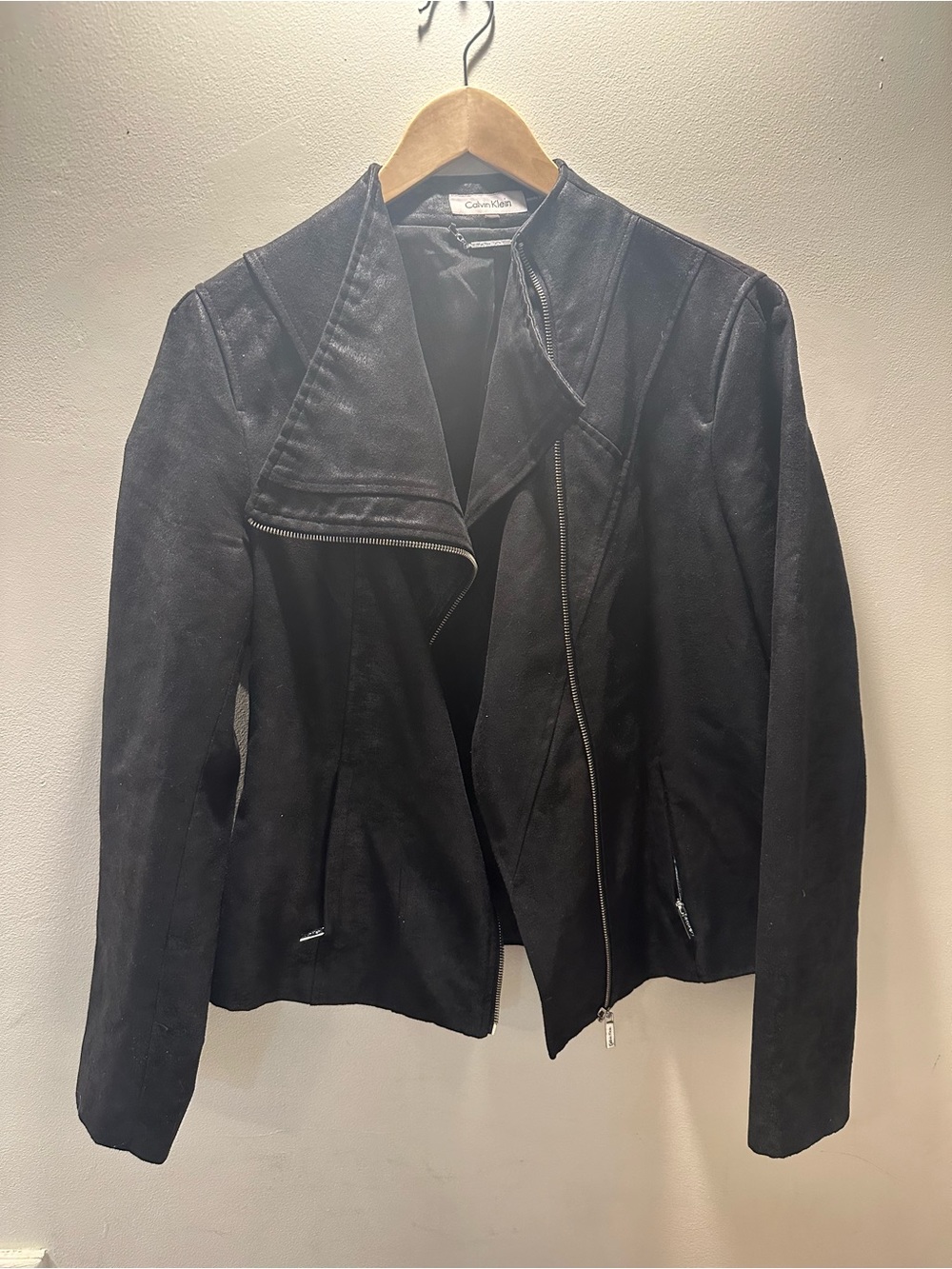 Calvin Klein Black Suede-Look Moto Jacket with Asymmetrical Zip